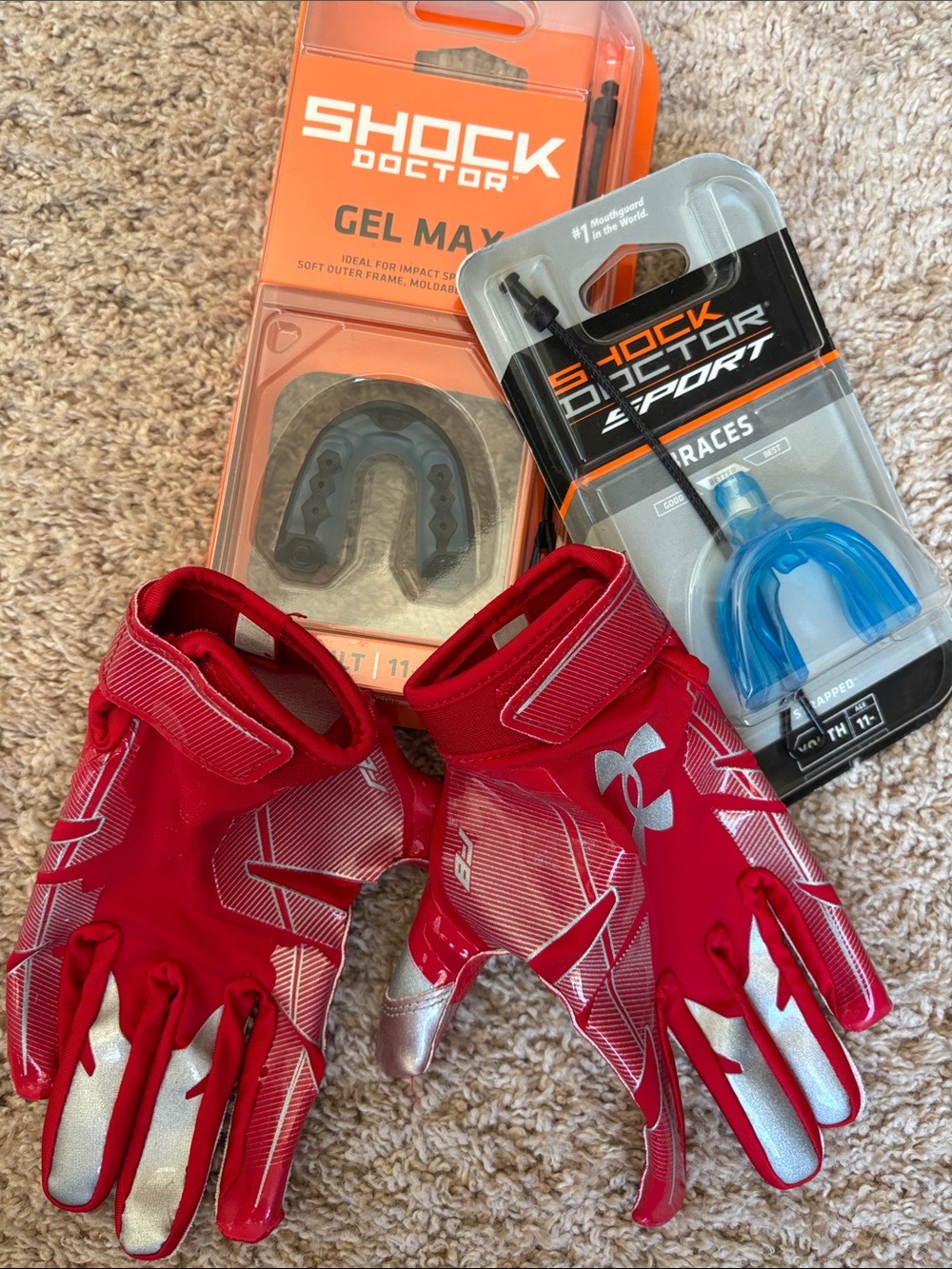 Under Armour Red Football Receiver Gloves with Shock Doctor Mouthguards